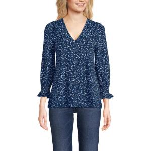 imageLands End Womens 34 Sleeve Lightweight Jersey Button Front TopDeep SeaBlue Ditsy Bloom