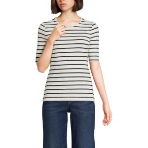 imageLands End Womens Lightweight Jersey Skimming Elbow Sleeve Crew Neck TShirtIvoryBlack Breton Stripe