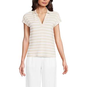 imageLands End Womens Linen Blend Johnny Collar PoloWashed Sand Breton Stripe