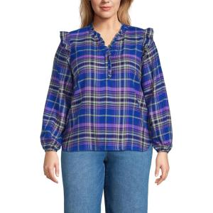 imageLands End Womens Ruffle Front Flannel Popover BlouseCobalt BlueBright Grape Plaid