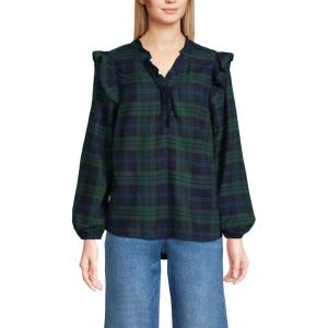 imageLands End Womens Ruffle Front Flannel Popover BlouseDeep Forest Blackwatch Plaid