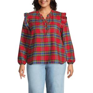 imageLands End Womens Ruffle Front Flannel Popover BlouseRedNautical Blue Plaid