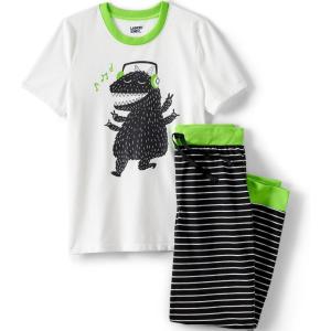 imageLands End Kids Short Sleeve Top and Jogger Bottom Pajama SetOatmeal Dino Stripes