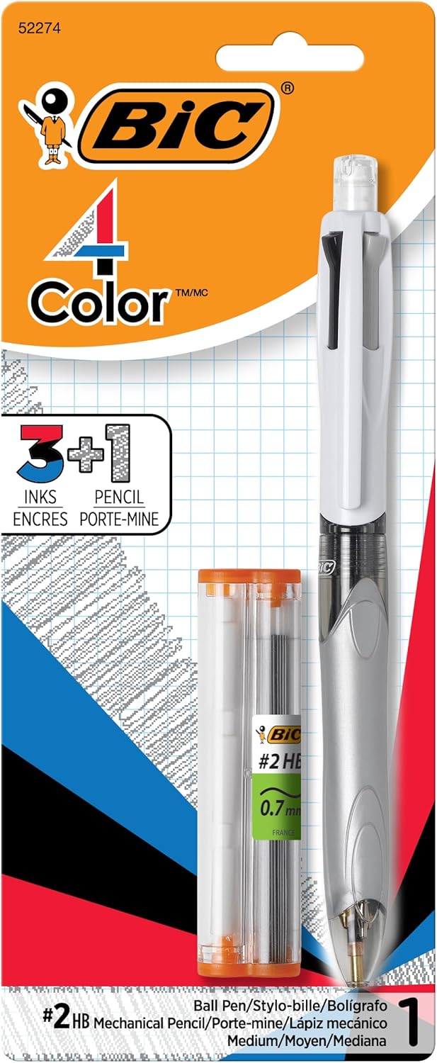 BIC 4Color 31 Ballpoint Pens and Pencil Medium Point 10 mm Assorted Colors 1Count Pack Pens for School and Office Supplies