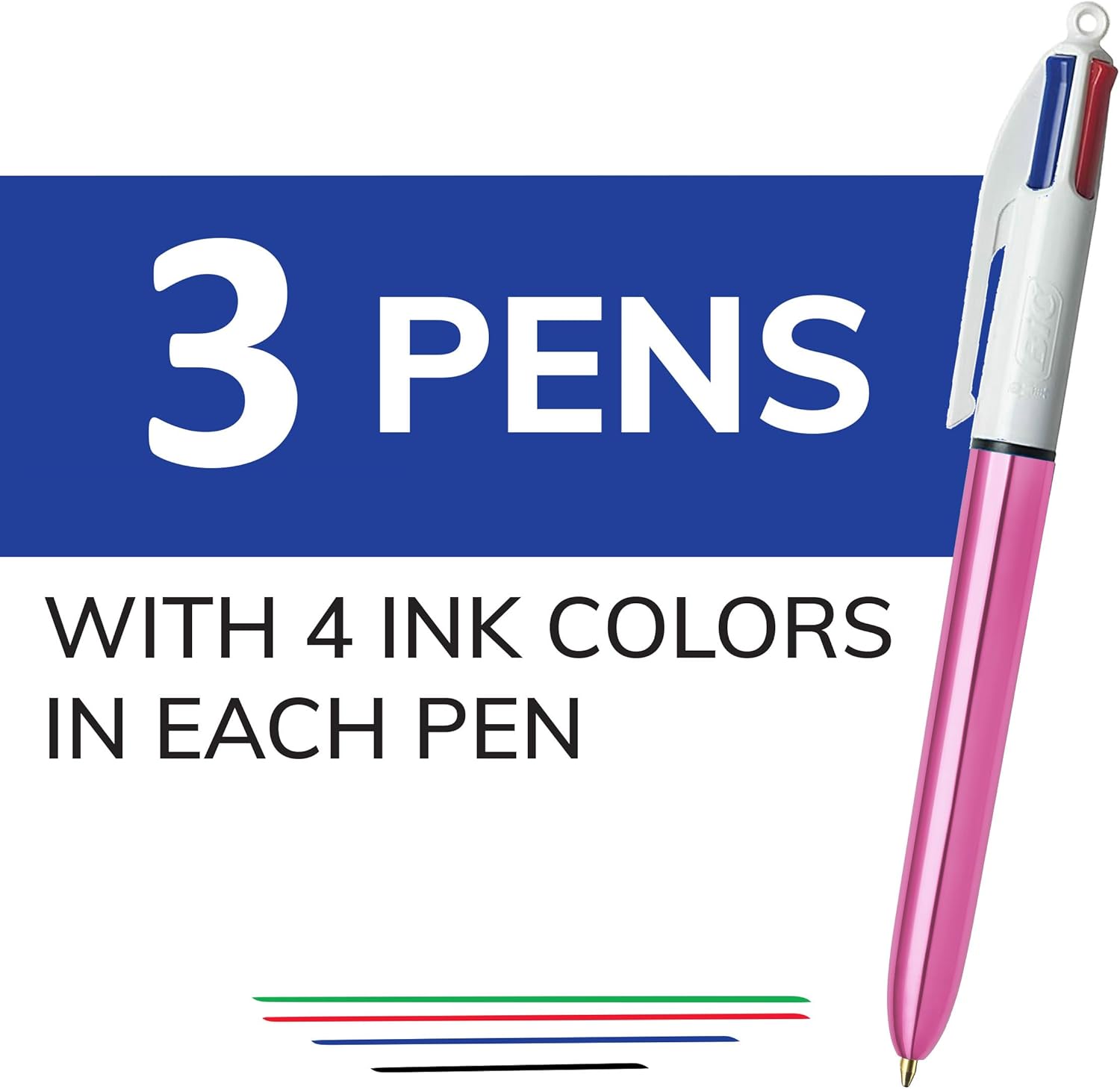 BIC 4Color Shine Retractable Ball Pens Fun Pink Metallic Barrel Medium Point 10mm 3Count Pack Retractable Ball Pen With LongLasting Ink