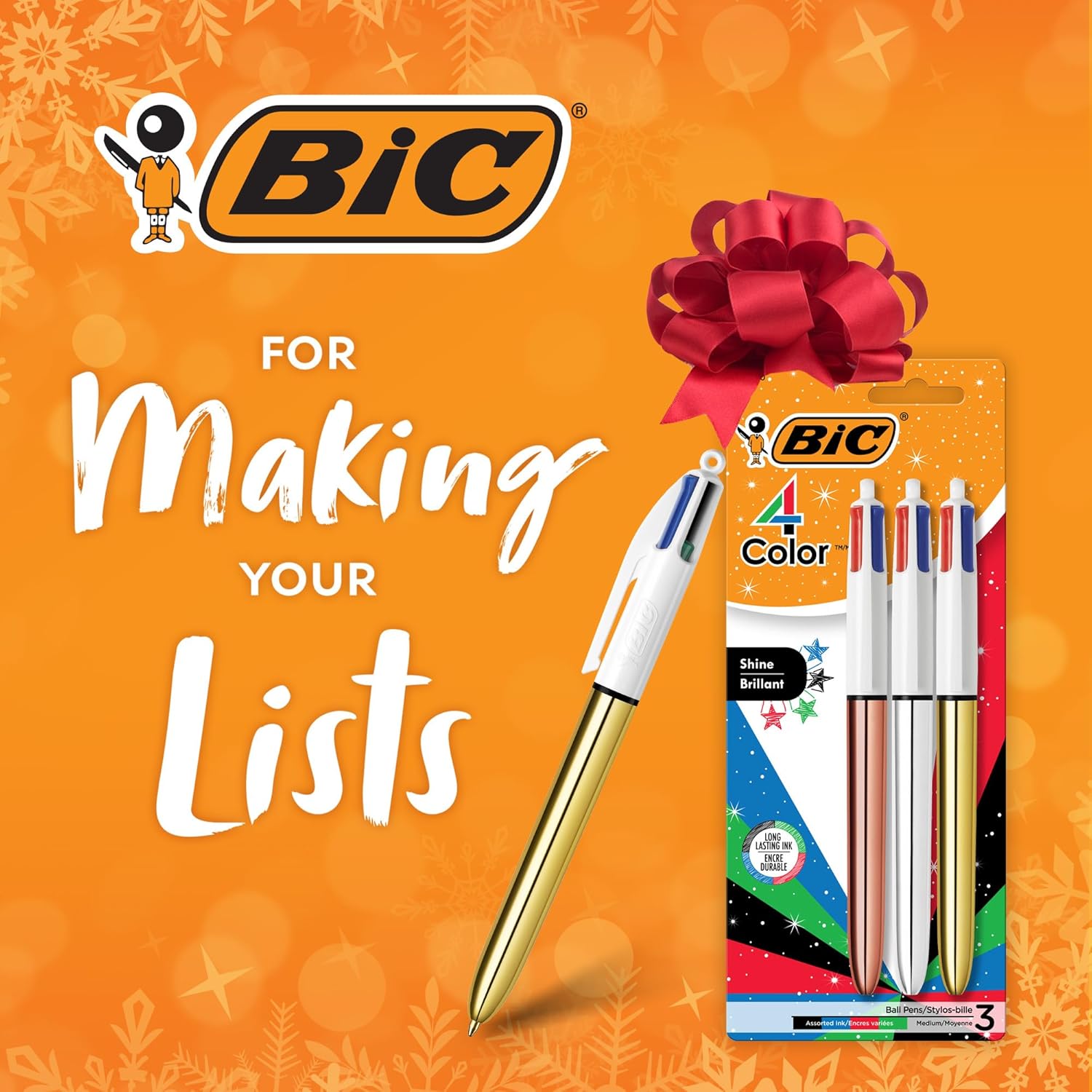 BIC 4Color Shine Retractable Ball Pens Versatile 10mm Medium Point LongLasting Ink Great Gift Idea 3Count in Assorted Colors