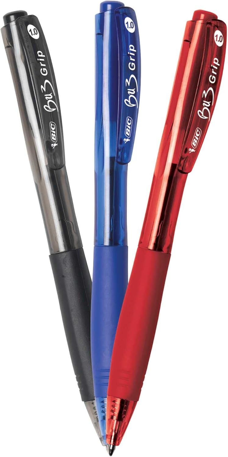 BIC BU3 Grip Retractable Ball Pen Medium Point 10mm Black Comfortable Grip for Smooth Writing 18CountAssorted