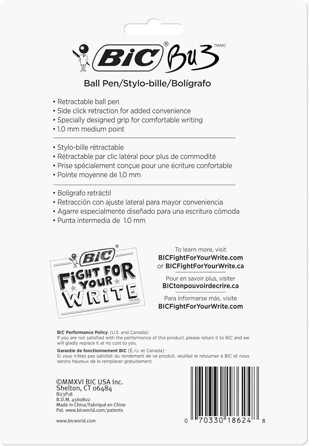 BIC BU3 Grip Retractable Ball Pen Medium Point 10mm Black Comfortable Grip for Smooth Writing 18CountAssorted