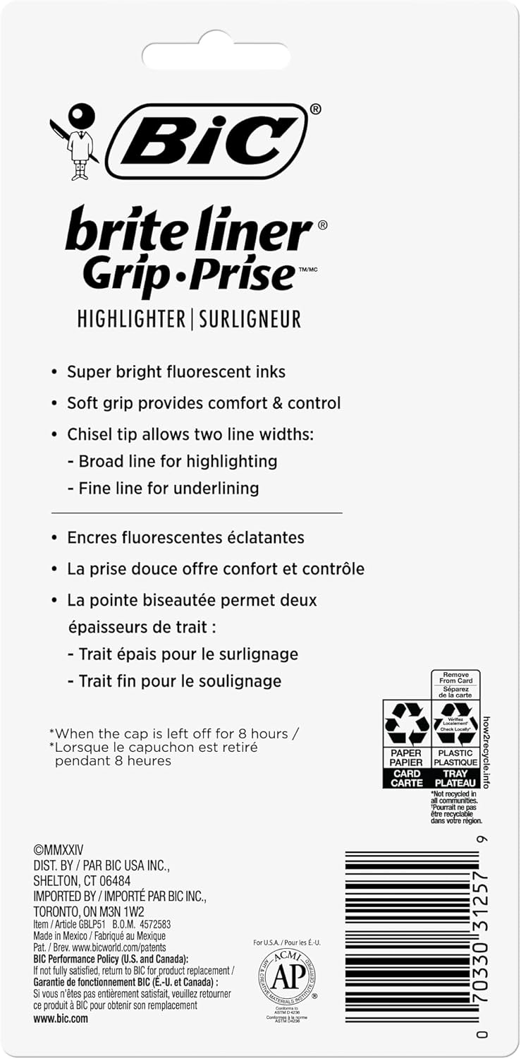 BIC Brite Liner Grip Highlighter Chisel Tip 16 mm Assorted Colors For Broad Highlighting ampamp Fine Underlining 5Count