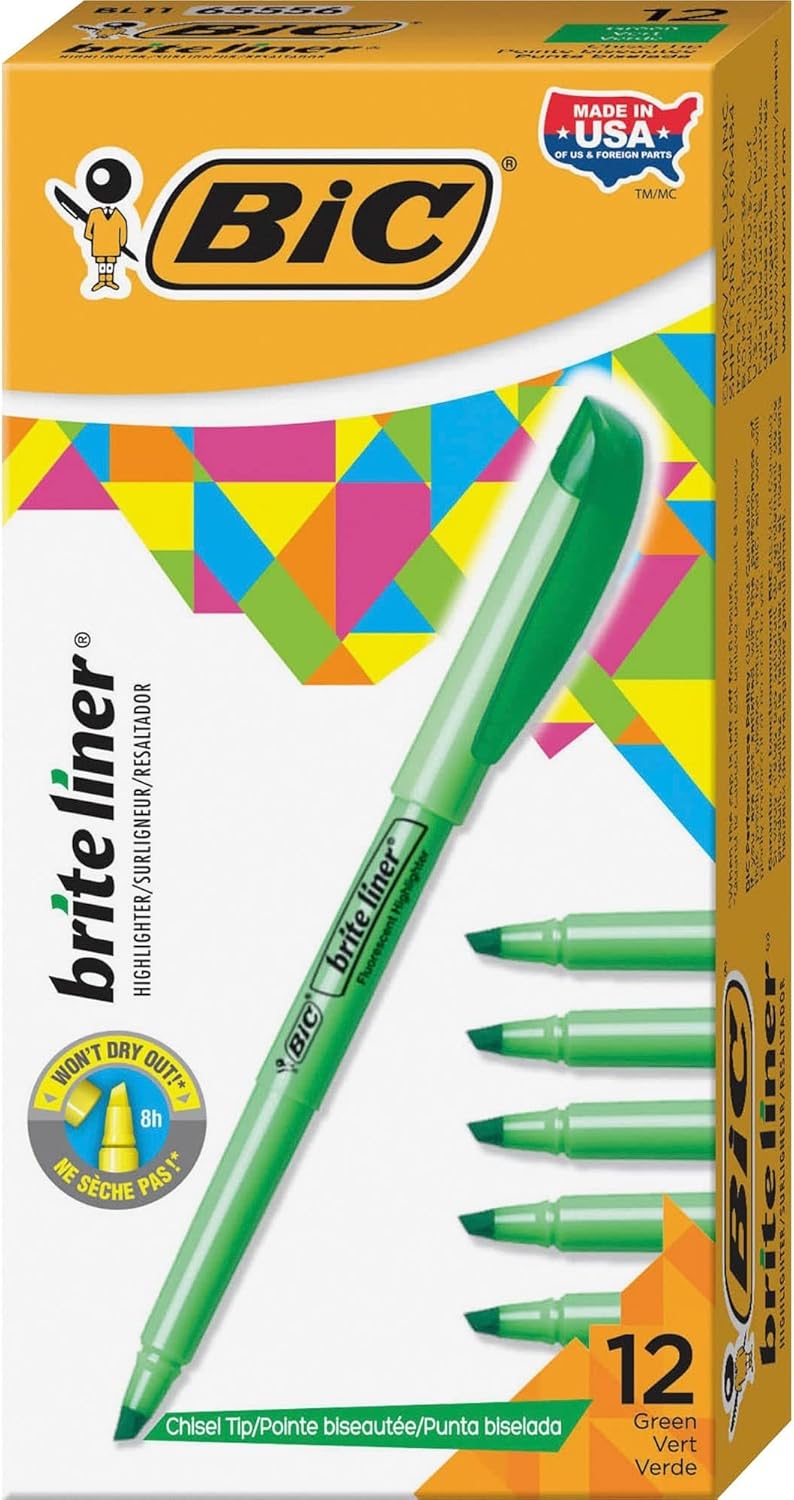 BIC Brite Liner Highlighter Chisel Tip Green 12Count BL11GREENGreen