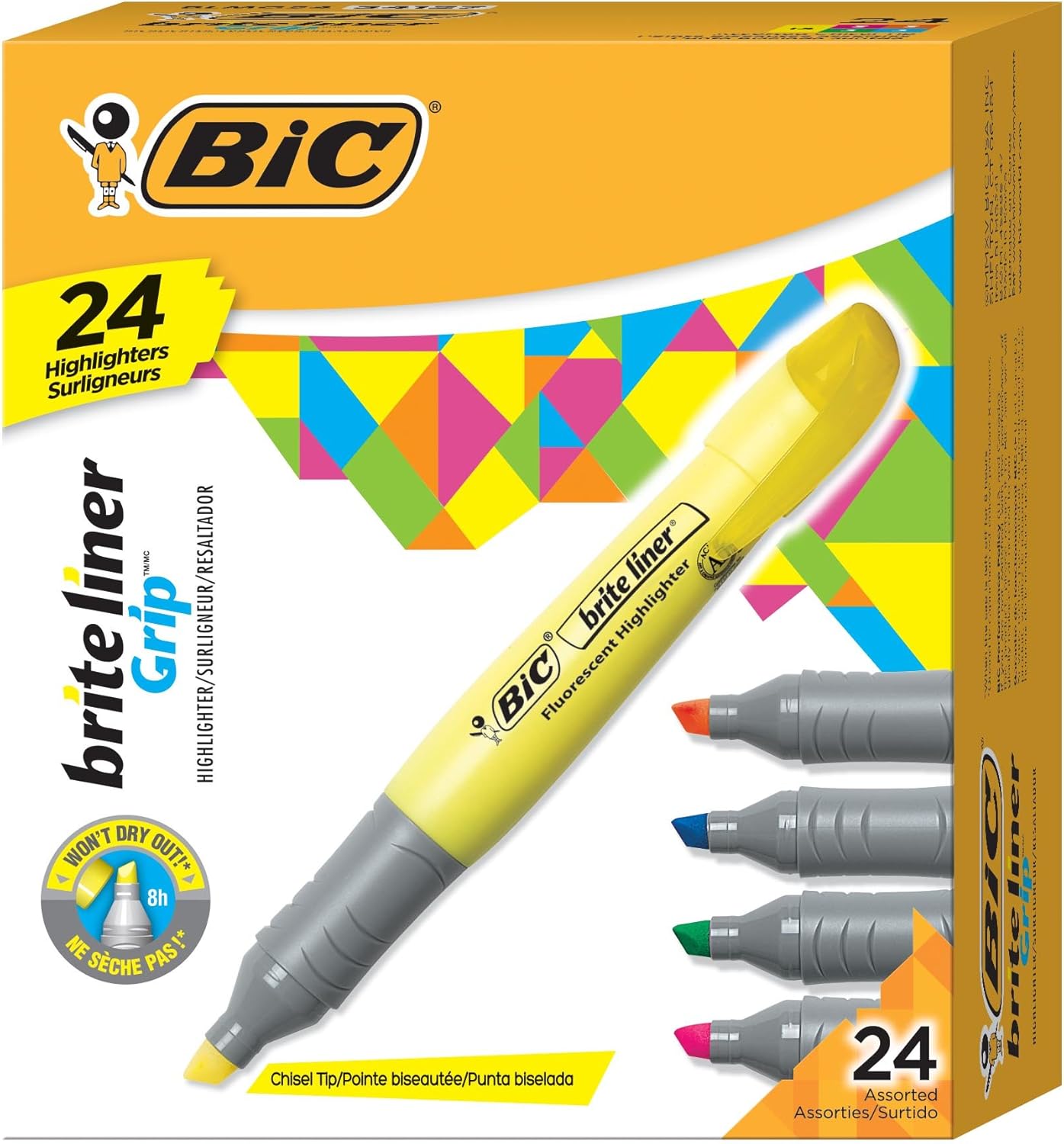 BIC Brite Liner Highlighter with Rubber Grip Chisel Tip Assorted Pack of 4  BLMGP41AASTAssorted