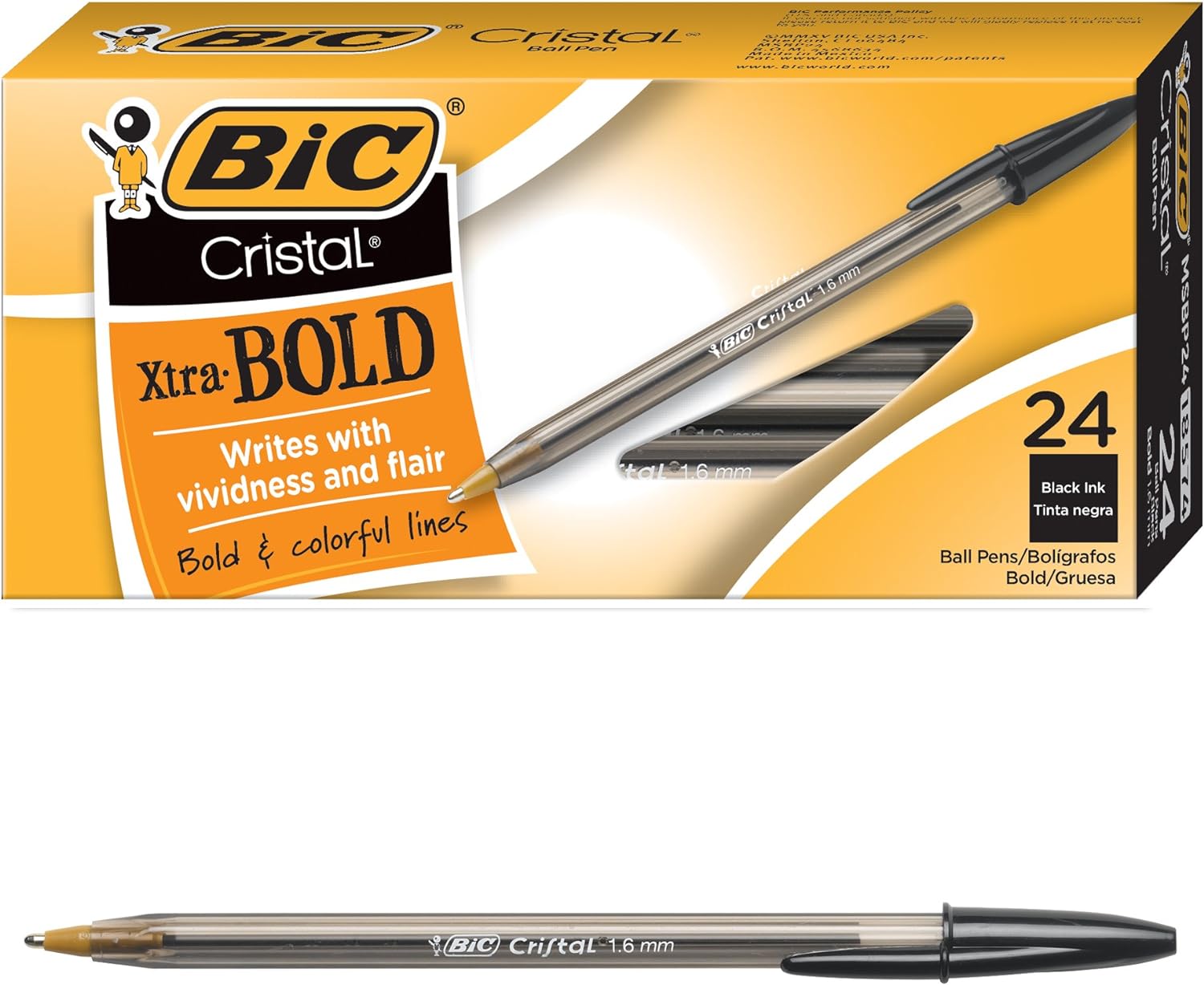 BIC Cristal Xtra Bold Ballpoint Pens Bold Point 16mm For Vivid And Dramatic Lines Assorted Colors 24Count PackBlack