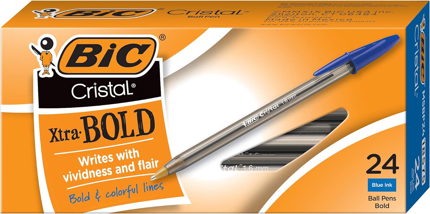 BIC Cristal Xtra Bold Ballpoint Pens Bold Point 16mm For Vivid And Dramatic Lines Assorted Colors 24Count PackBlue
