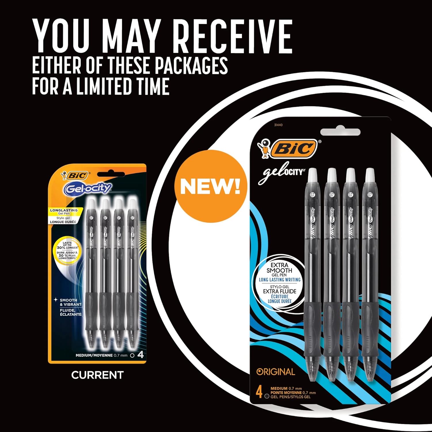 BIC Gelocity Original Black Gel Pens Medium Point 07mm 4Count Pack Retractable Gel Pens With Comfortable Grip