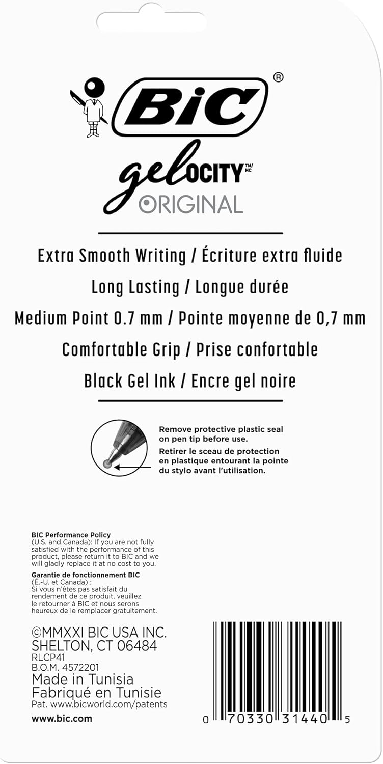 BIC Gelocity Original Black Gel Pens Medium Point 07mm 4Count Pack Retractable Gel Pens With Comfortable Grip