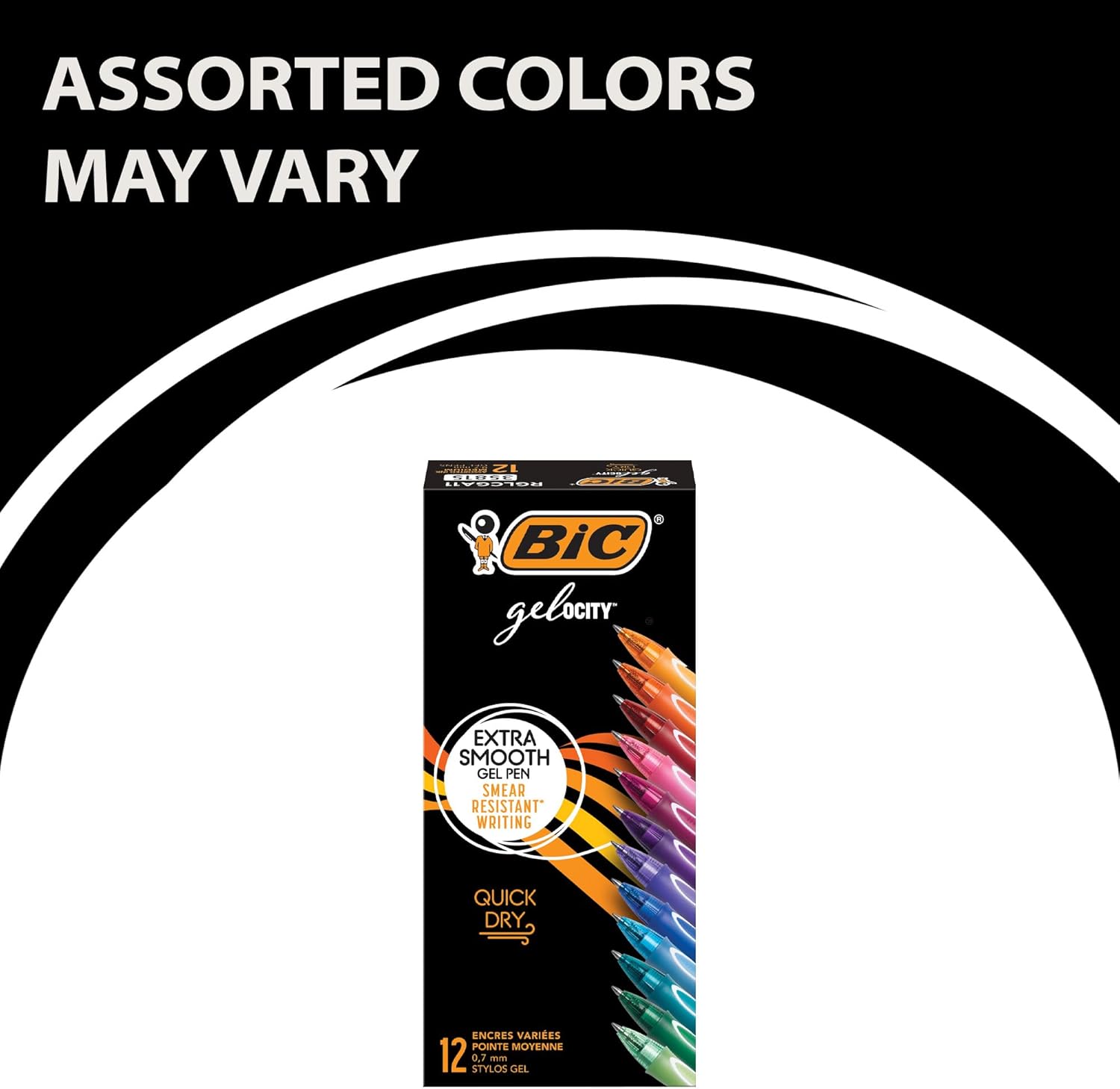 BIC Gelocity Quick Dry Assorted Colors Gel Pens Colors May Vary Medium Point 07mm 12Count Pack Retractable Gel Pens With Comfortable Full Grip12 Count Pack of 1