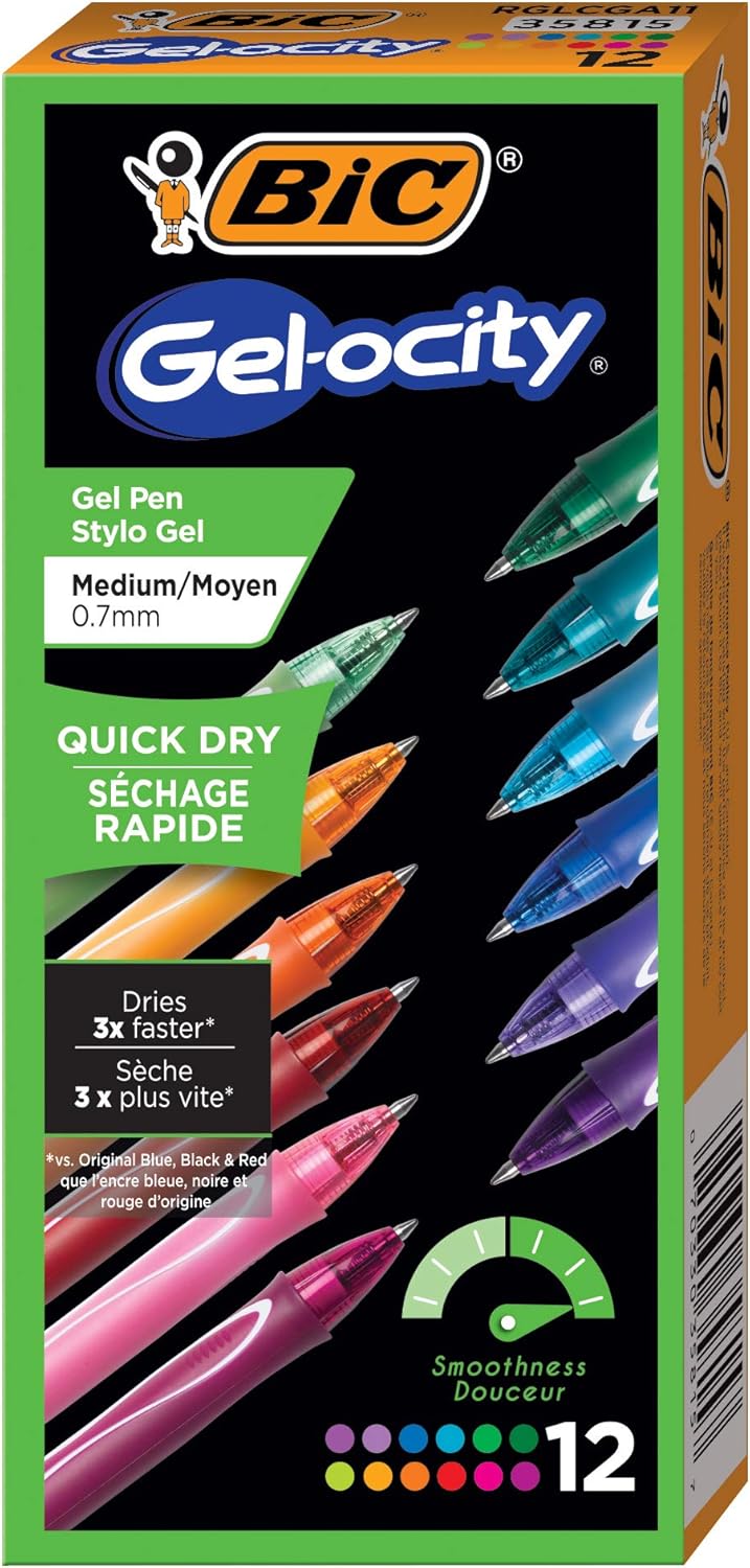 BIC Gelocity Quick Dry Assorted Colors Gel Pens Colors May Vary Medium Point 07mm 12Count Pack Retractable Gel Pens With Comfortable Full Grip12 Count Pack of 18