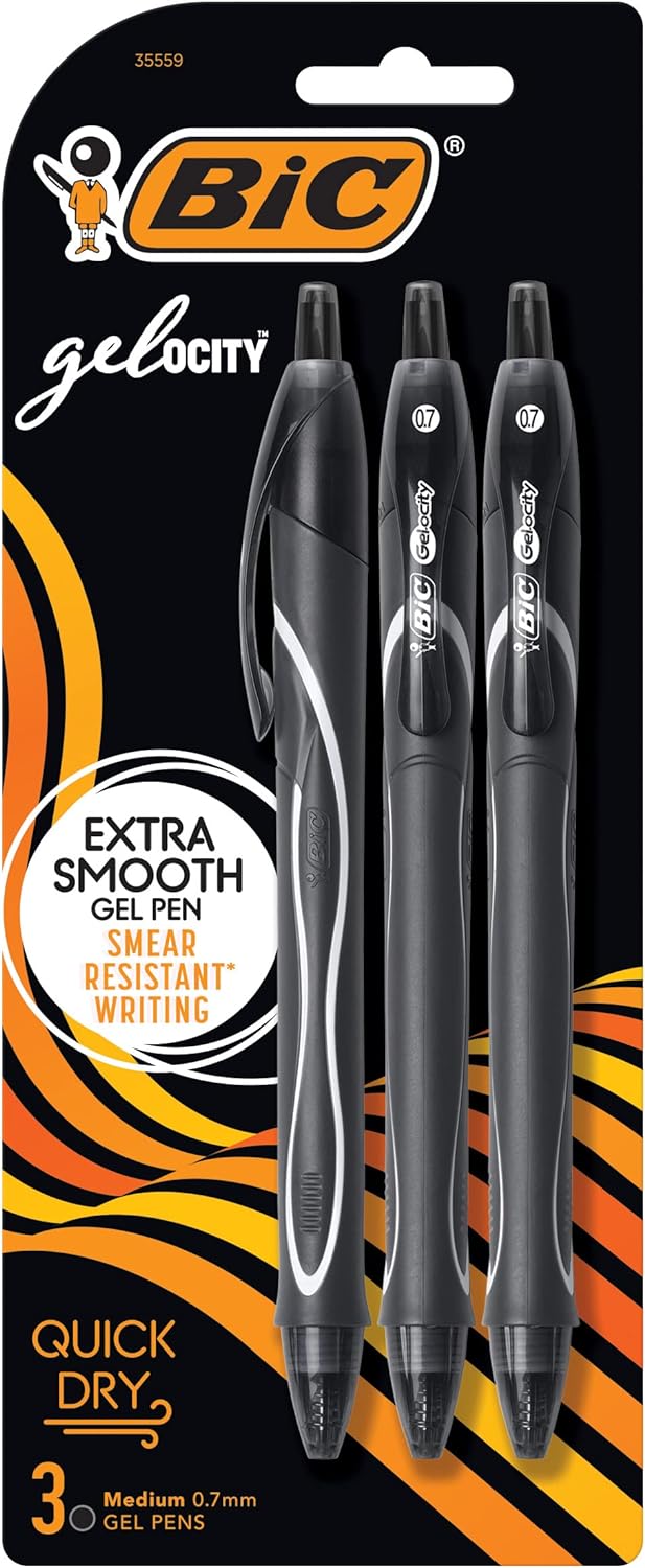 BIC Gelocity Quick Dry Blue Gel Pens Medium Point 07mm 12Count Pack Retractable Gel Pens With Comfortable Full GripBlack
