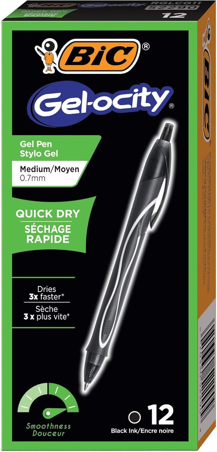 BIC Gelocity Quick Dry Blue Gel Pens Medium Point 07mm 12Count Pack Retractable Gel Pens With Comfortable Full GripBlack