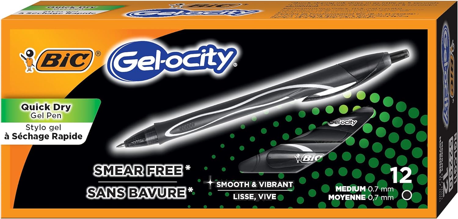 BIC Gelocity Quick Dry Blue Gel Pens Medium Point 07mm 12Count Pack Retractable Gel Pens With Comfortable Full GripBlack