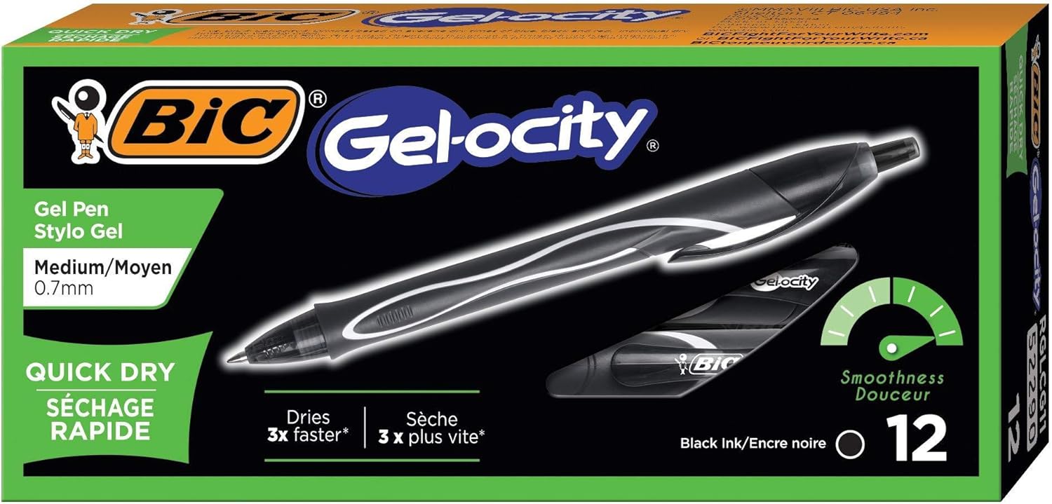 BIC Gelocity Quick Dry Blue Gel Pens Medium Point 07mm 12Count Pack Retractable Gel Pens With Comfortable Full GripBlack