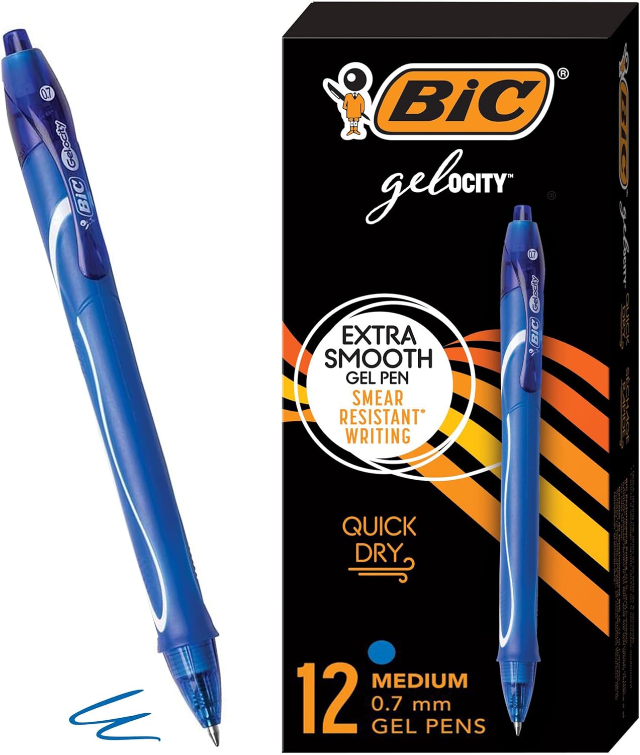 BIC Gelocity Quick Dry Blue Gel Pens Medium Point 07mm 12Count Pack Retractable Gel Pens With Comfortable Full GripBlue
