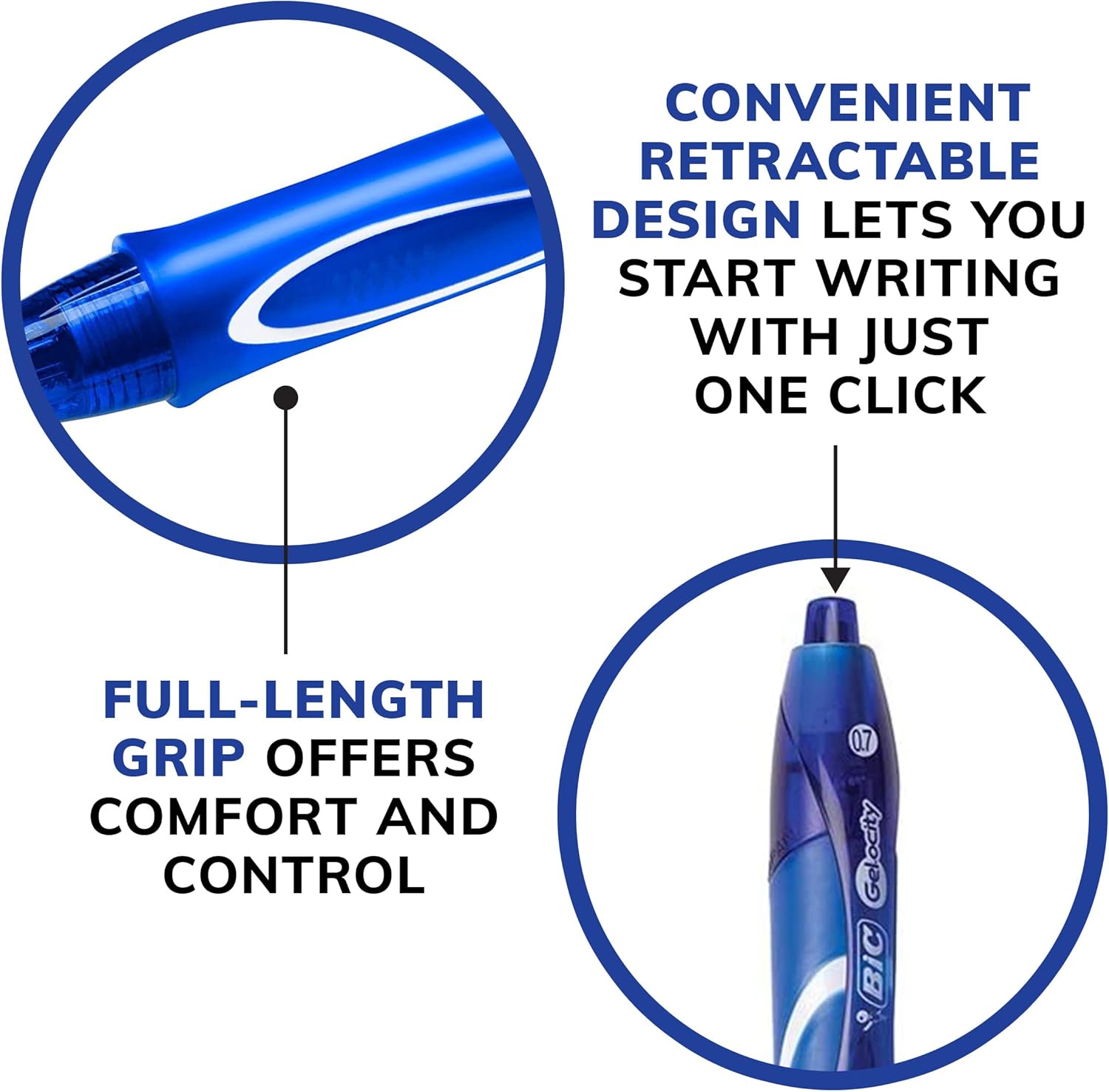 BIC Gelocity Quick Dry Blue Gel Pens Medium Point 07mm 12Count Pack Retractable Gel Pens With Comfortable Full GripBlue