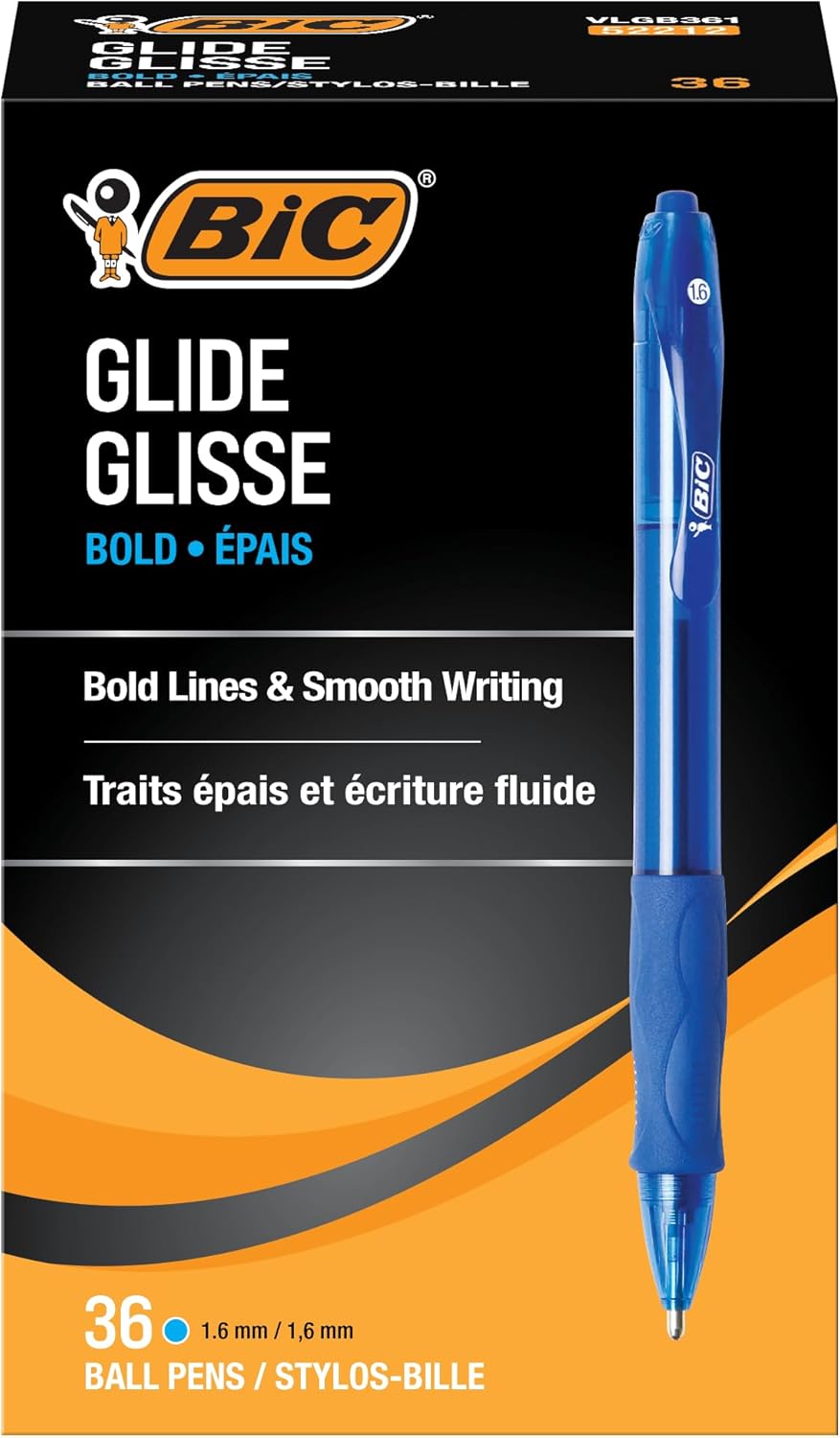 BIC Glide Velocity Bold Ballpoint Pens Bold Point 16 mm Blue Ink Pens Translucent Barrel 36Count Pack VLGB361BLUBlue