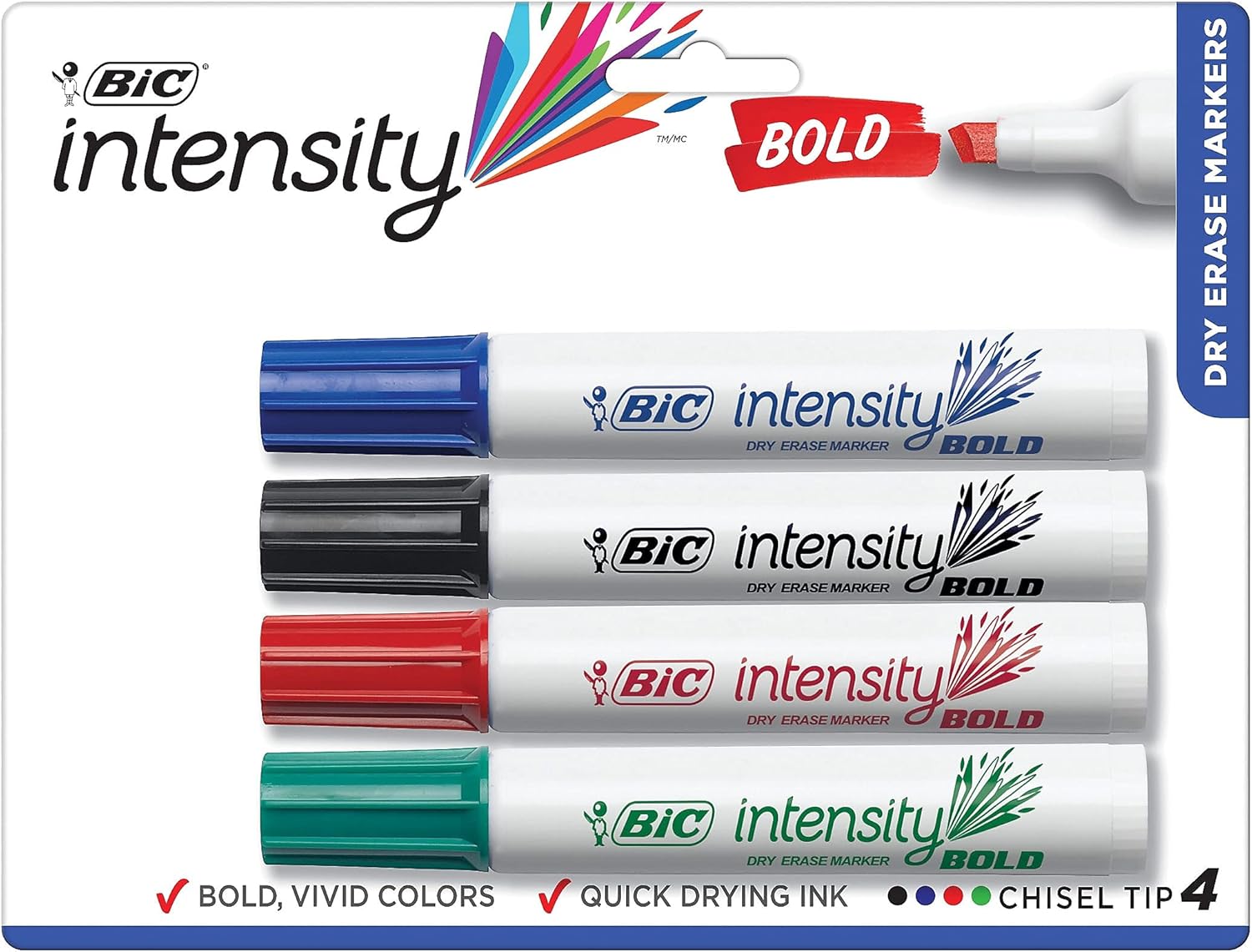 BIC Great Erase BOLD Dry Erase Marker Tank Style Chisel Tip Assorted Colors 4Count