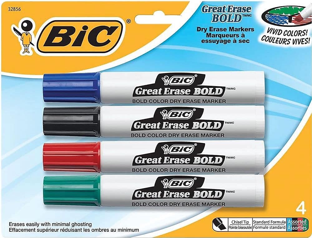 BIC Great Erase BOLD Dry Erase Marker Tank Style Chisel Tip Assorted Colors 4Count