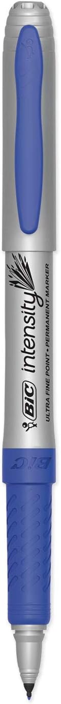 BIC Intensity Blue Permanent Markers Ultra Fine Point 12Count Pack of Blue Markers With NonSlip Grip for Comfort and Control