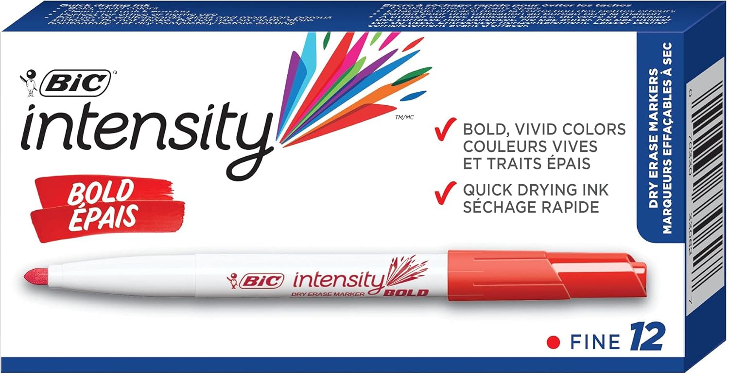 BIC Intensity Bold Dry Erase Marker Pocket Style Fine Bullet Tip 45 mm Red Perfect For The Office ampamp Home 12CountRed