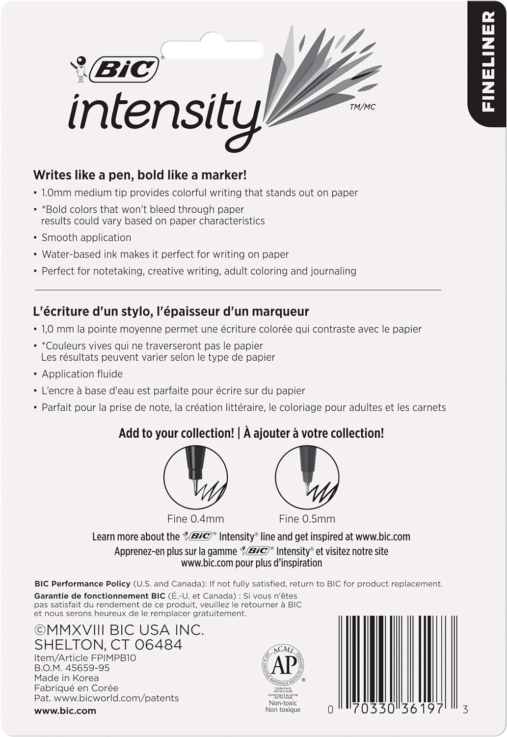BIC Intensity Fineliner Marker Pen Fine Point 04 mm Assorted Colors 10Count Model Number FPINFAP10Medium Point