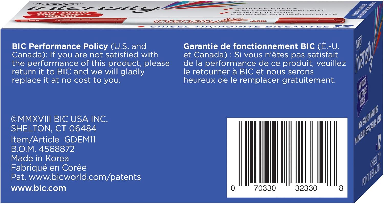 BIC Intensity Low Odor Dry Erase Marker 12 Pack Chisel Tip Red Erases Cleanly NonToxic Markers