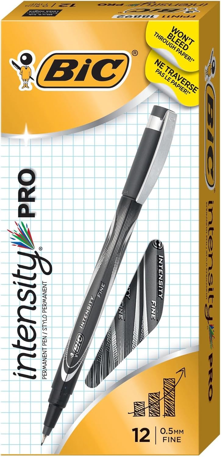 BIC Intensity PRO Permanent Marker Pen Fine Point 05 mm Black Bold ampamp LongLasting Color 12Count