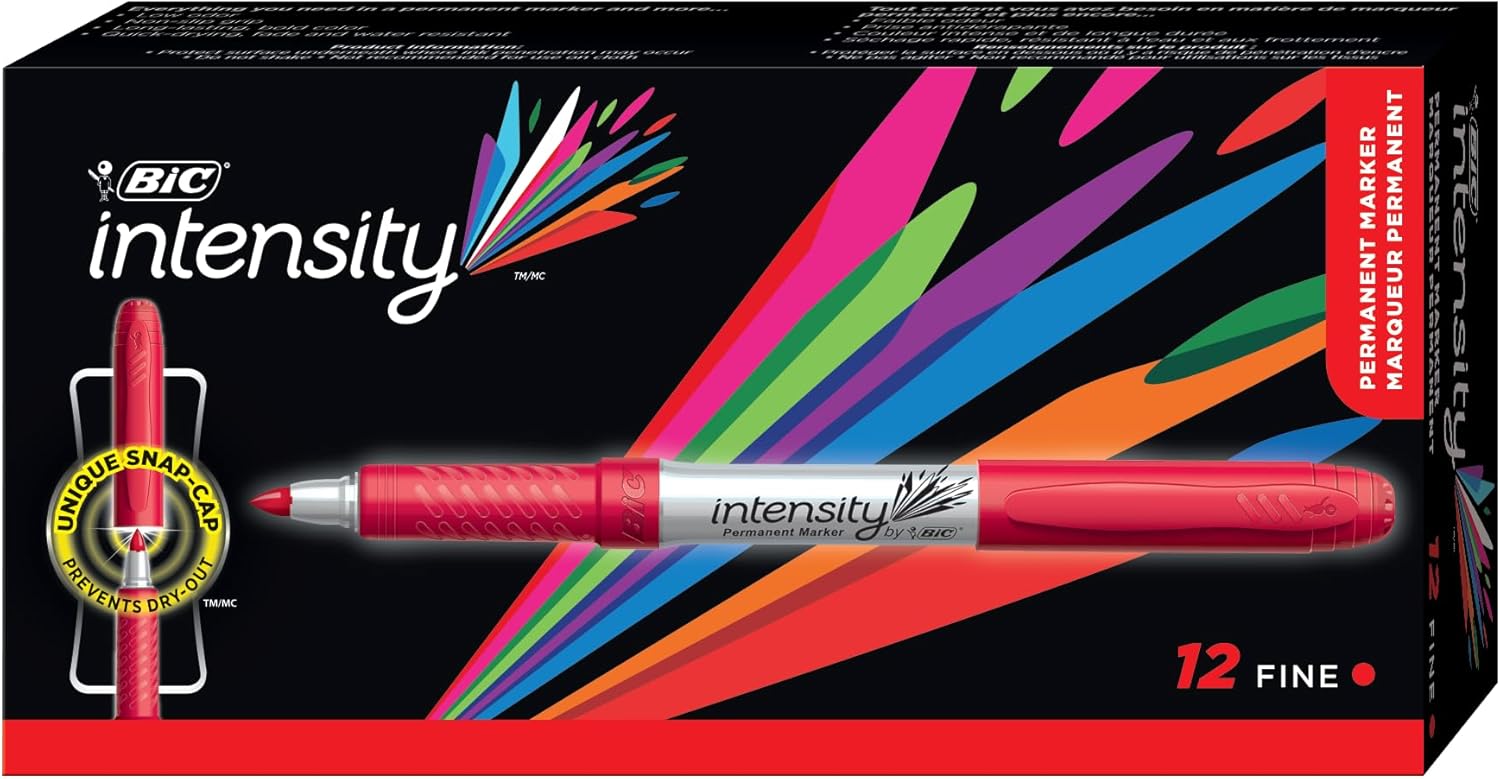 BIC Intensity Red Permanent Markers Fine Point 12Count Pack of Red Markers With NonSlip Grip for Comfort and ControlRed
