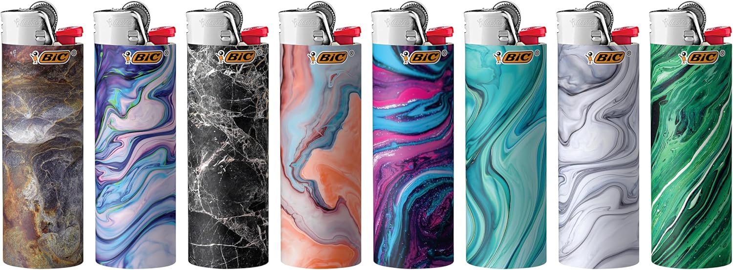 BIC Maxi Pocket Lighter Special Edition Marble Collection Assorted Unique Lighter Designs Great Stocking Stuffer 8 Count Pack of Lighters Colors May VaryMarble