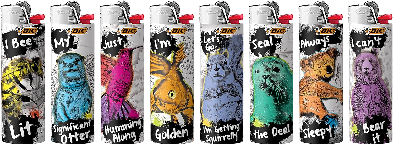 BIC Maxi Pocket Lighter Special Edition Party Animal Collection Assorted Unique Lighter Designs 8 Count Pack of LightersParty Animal