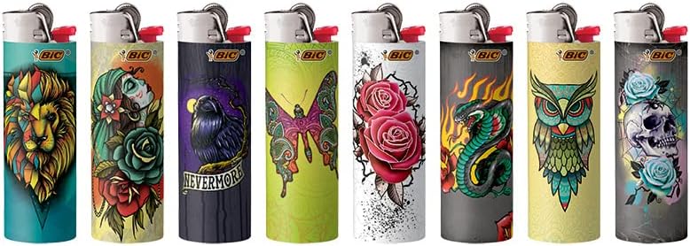 BIC Maxi Pocket Lighter Special Edition Party Animal Collection Assorted Unique Lighter Designs 8 Count Pack of LightersTattoos