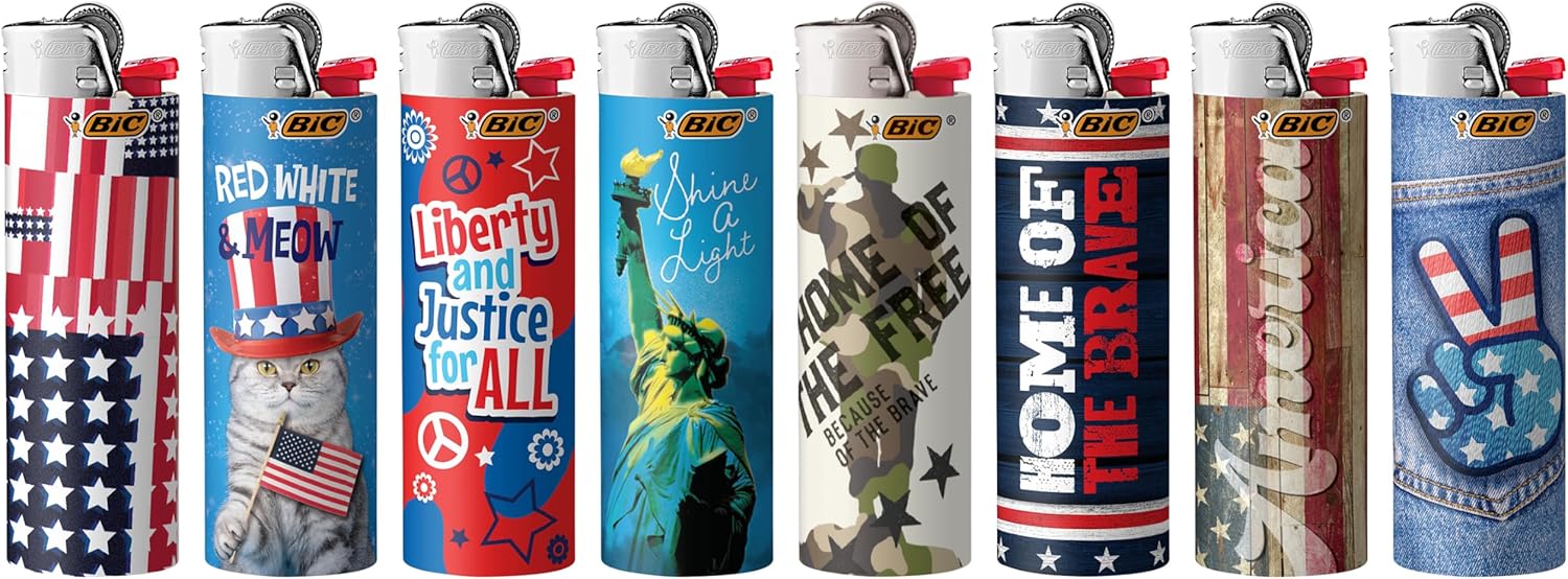 BIC Pocket Lighter Special Edition Americana Collection Assorted Unique Lighter Designs 8 Count Pack of LightersAmericana