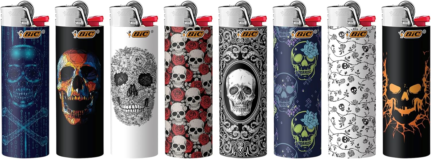 BIC Pocket Lighter Special Edition Holiday Collection Assorted Unique Lighter Designs 8 Count Pack of Lighters Perfect Stocking StufferSkulls