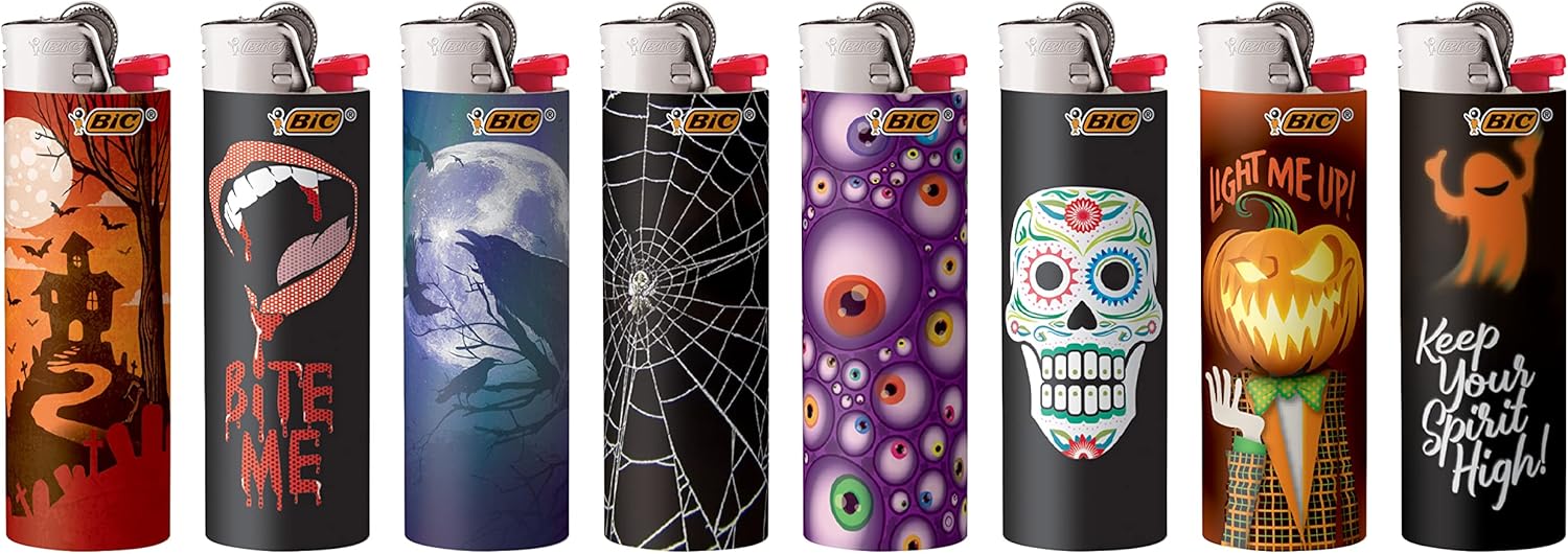 BIC Pocket Lighter Special Edition Holiday Collection Assorted Unique Lighter Designs 8 Count Pack of Lighters Perfect Stocking StufferSpooky