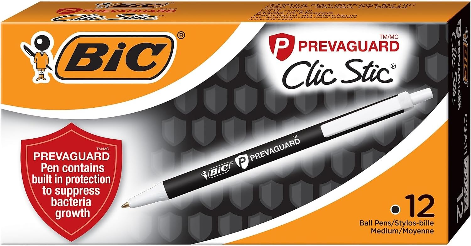 BIC PrevaGuard Clic Stic Ballpoint Pen Contains Builtin Protection On the Pen To Suppress Bacteria Growth 12CountBlack