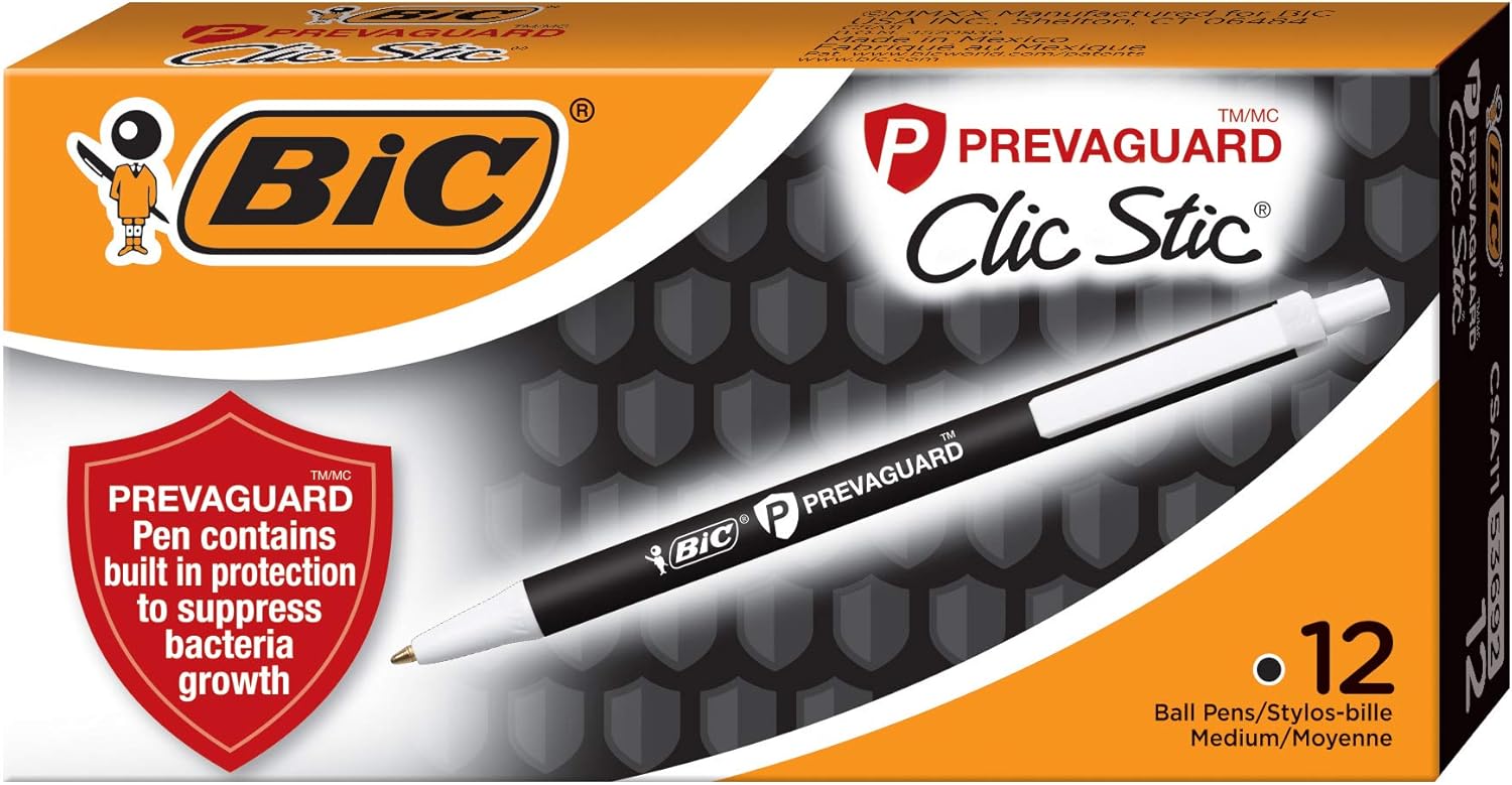 BIC PrevaGuard Clic Stic Ballpoint Pen Contains Builtin Protection On the Pen To Suppress Bacteria Growth 12CountBlack