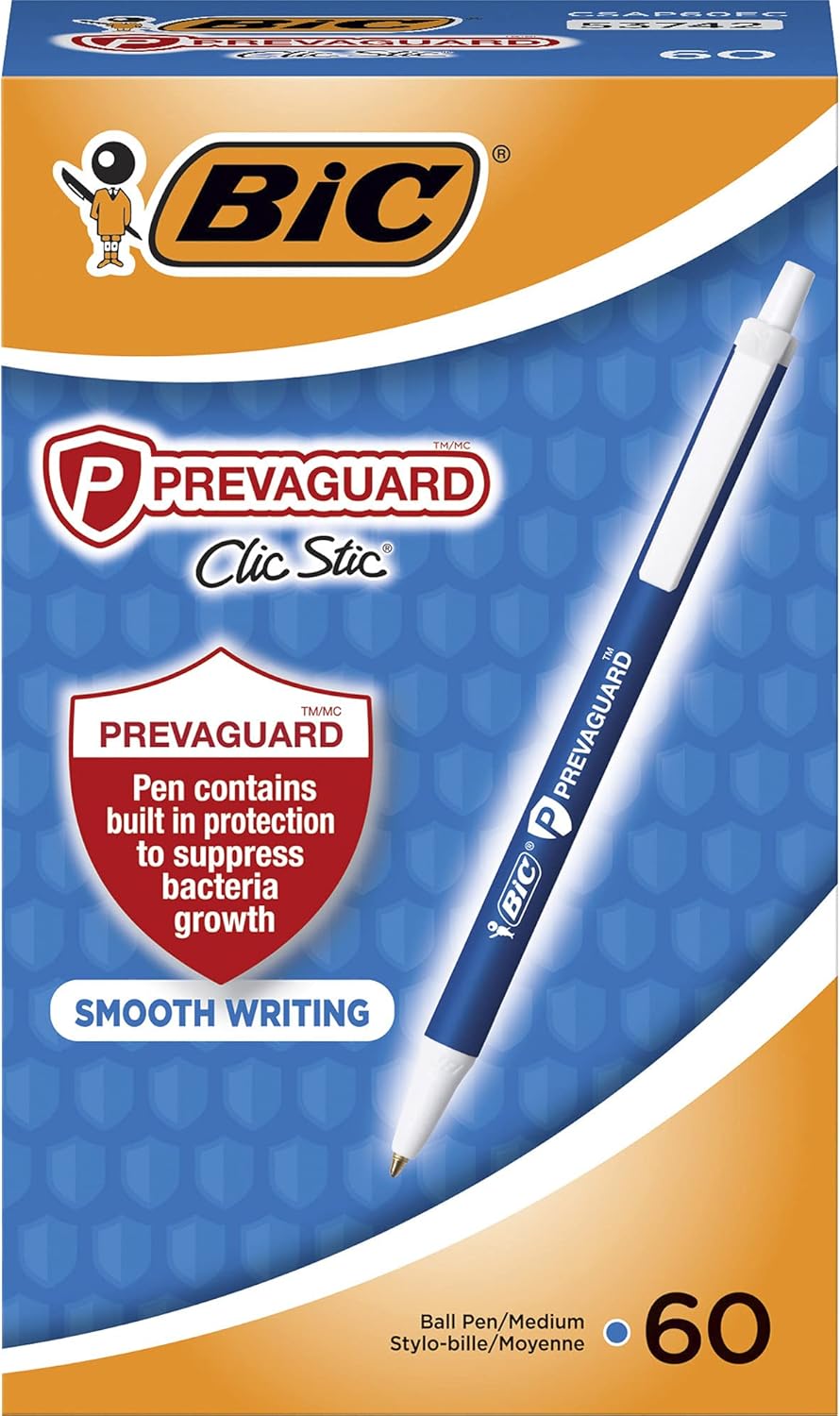 BIC PrevaGuard Clic Stic Ballpoint Pen Contains Builtin Protection On the Pen To Suppress Bacteria Growth 12CountBlue