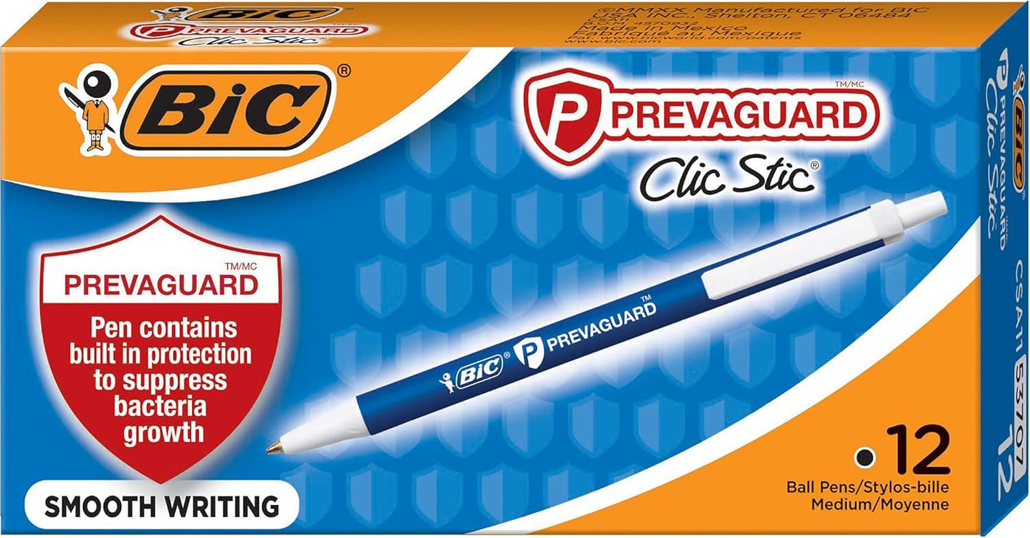 BIC PrevaGuard Clic Stic Ballpoint Pen Contains Builtin Protection On the Pen To Suppress Bacteria Growth 12CountBlue