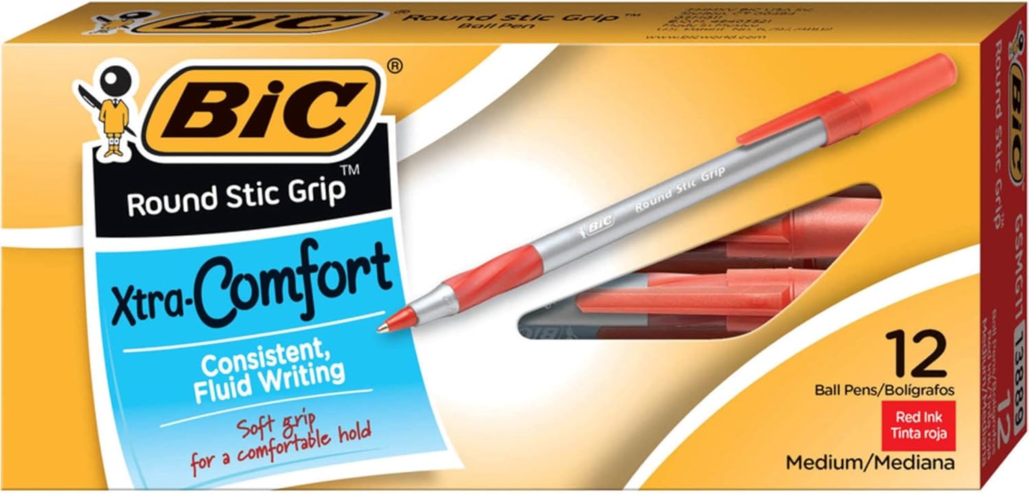 BIC Round Stic Grip Xtra Comfort Ballpoint Pen Medium Point 12mm Red 12Count12 Count Pack of 1