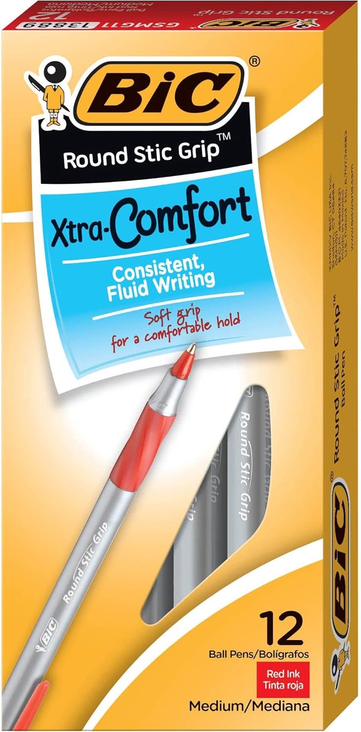 BIC Round Stic Grip Xtra Comfort Ballpoint Pen Medium Point 12mm Red 12Count12 Count Pack of 1