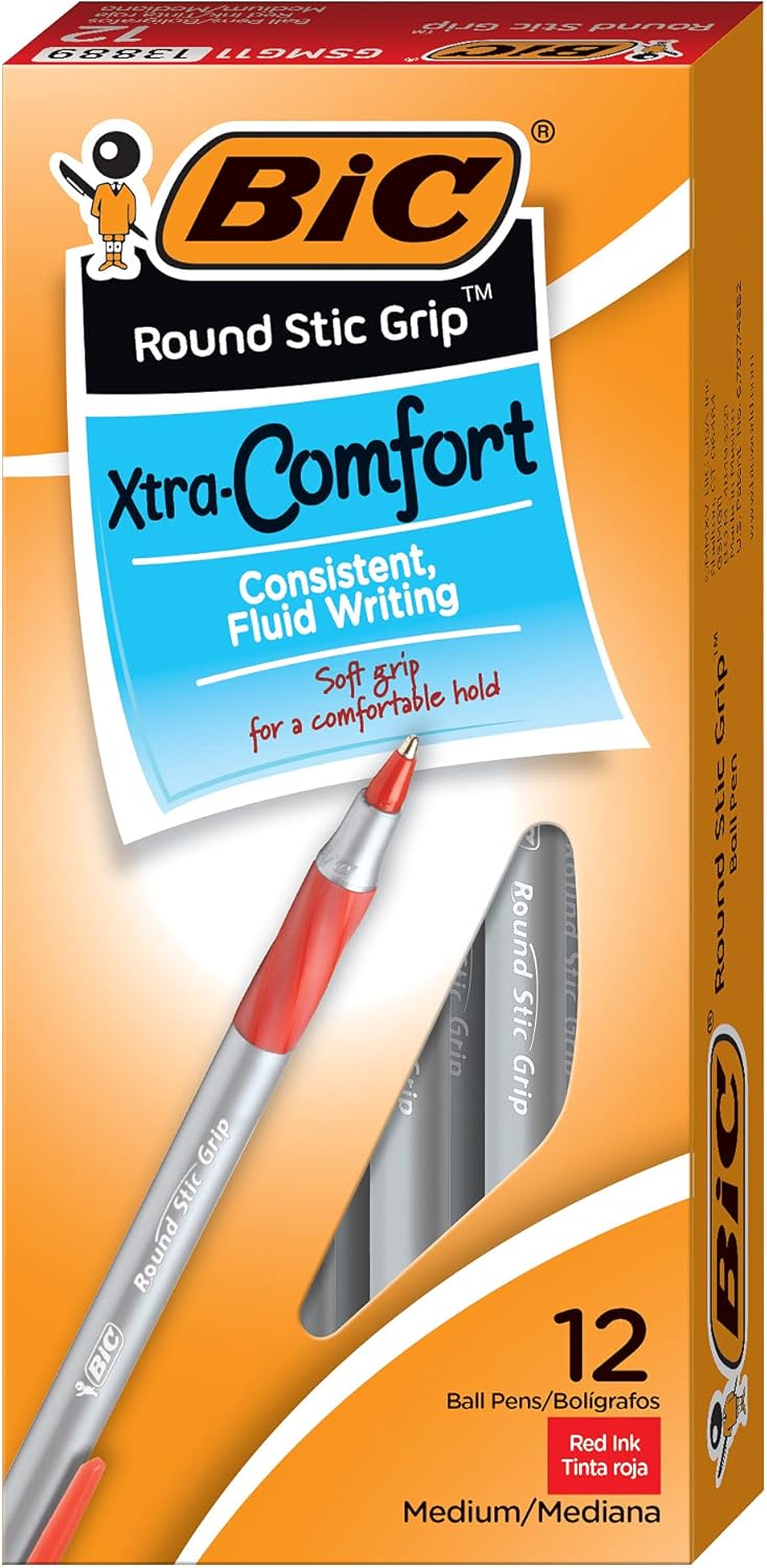 BIC Round Stic Grip Xtra Comfort Ballpoint Pen Medium Point 12mm Red 12Count12 Count Pack of 2