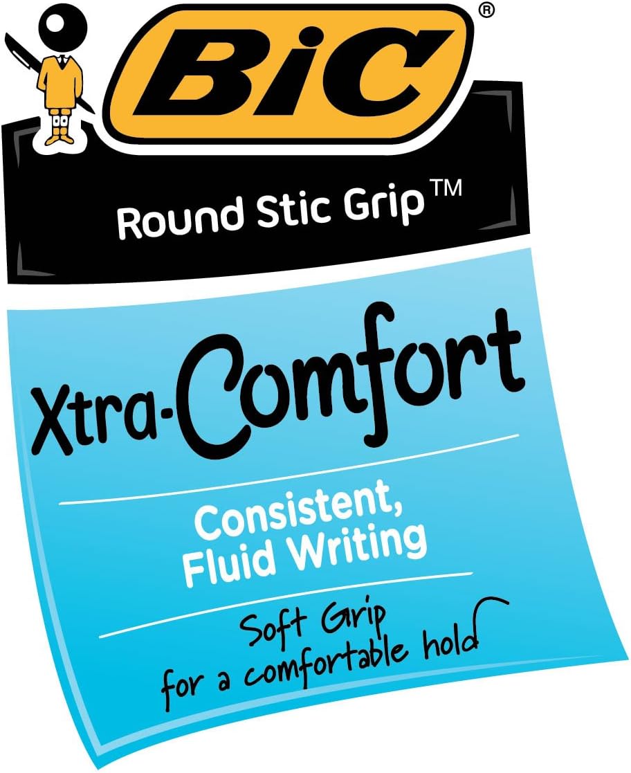 BIC Round Stic Grip Xtra Comfort Blue Ballpoint Pens Medium Point 12mm 12Count Pack Excellent Writing Pens With Soft Grip for Superb Comfort and Control12 Count Pack of 1